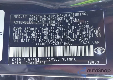 2012 Toyota Camry Le from USA, damaged, VIN 4T4BF1FK7CR219400